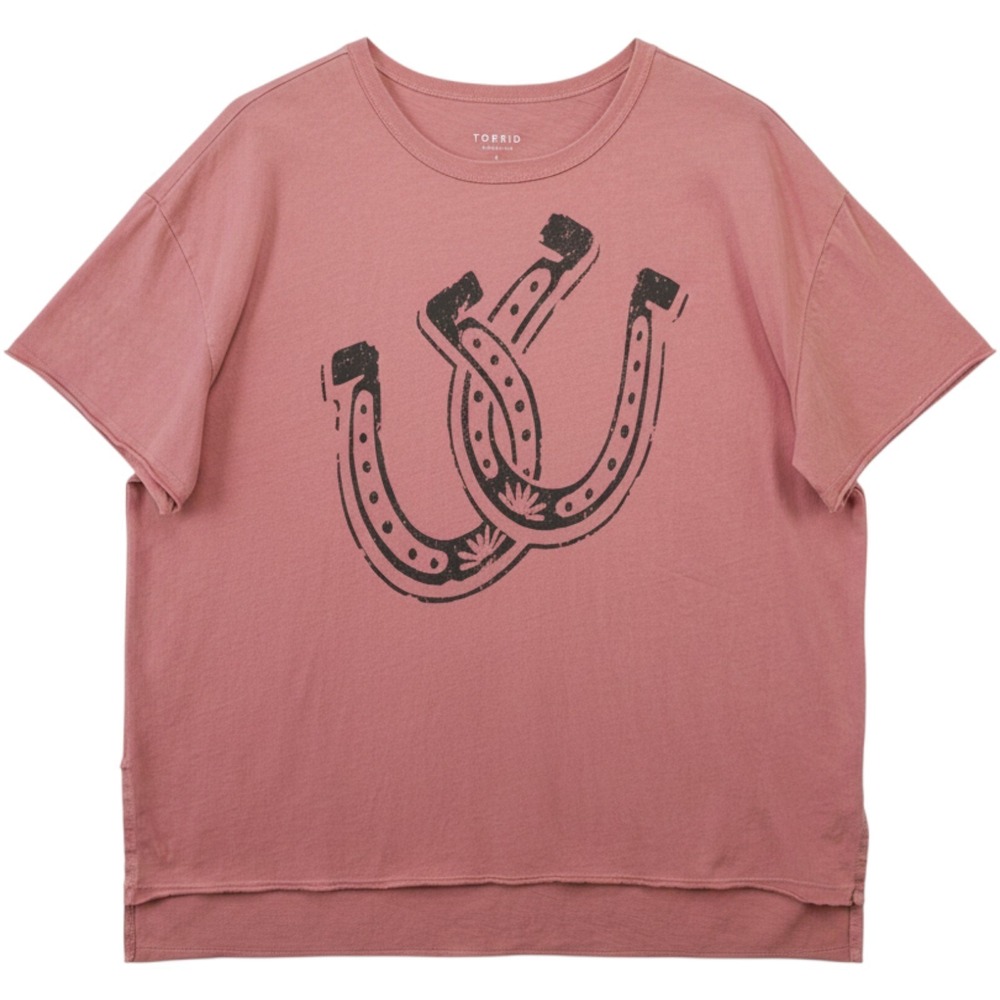 Torrid Shirt Womens 1 1X Pink Horeshoe Boxy Crew Relaxed Fit Tee Short Sleeve